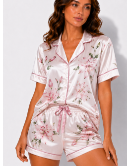 Sieviešu kokvilnas satīna pidžama ar šortiem un pogām, S–2XL, 12071