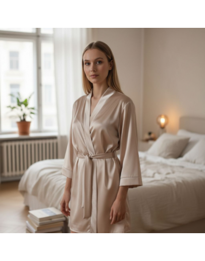 Īss sieviešu halāts no augstas kvalitātes satīna — viegls, zīdains, ar jostu. 1213Sp M-4XL