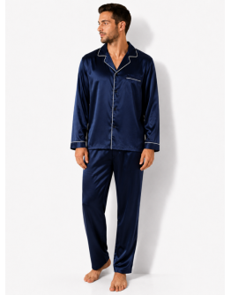 Vīriešu pidžama no kokvilnas satīna ar pogām, garām biksēm, L–4XL, 12160Ts