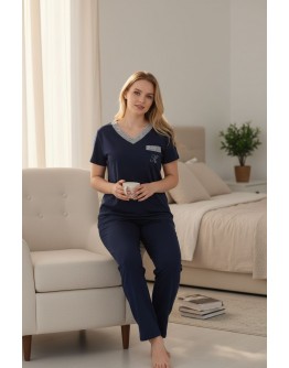 Sieviešu pidžama kokvilnas ar garām biksēm plāna elpojoša  lielie izmēri  92021DTs M-6XL