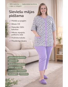Ērta sieviešu pidžama no 100% kokvilnas: augšdaļa ar pogām un 7/8 garuma bikses, lieli izmēri 12017L M–6XL