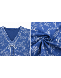 Sieviešu mājas kleita zilā krāsā ar ziedu rakstu, 95% kokvilna 5% elastāns, izmēri S–4XL | 92052Sn